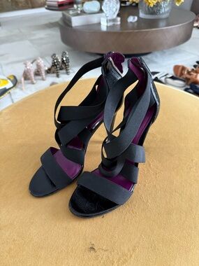 Sergio Rossi Black Strappy Heels with Plum Insole